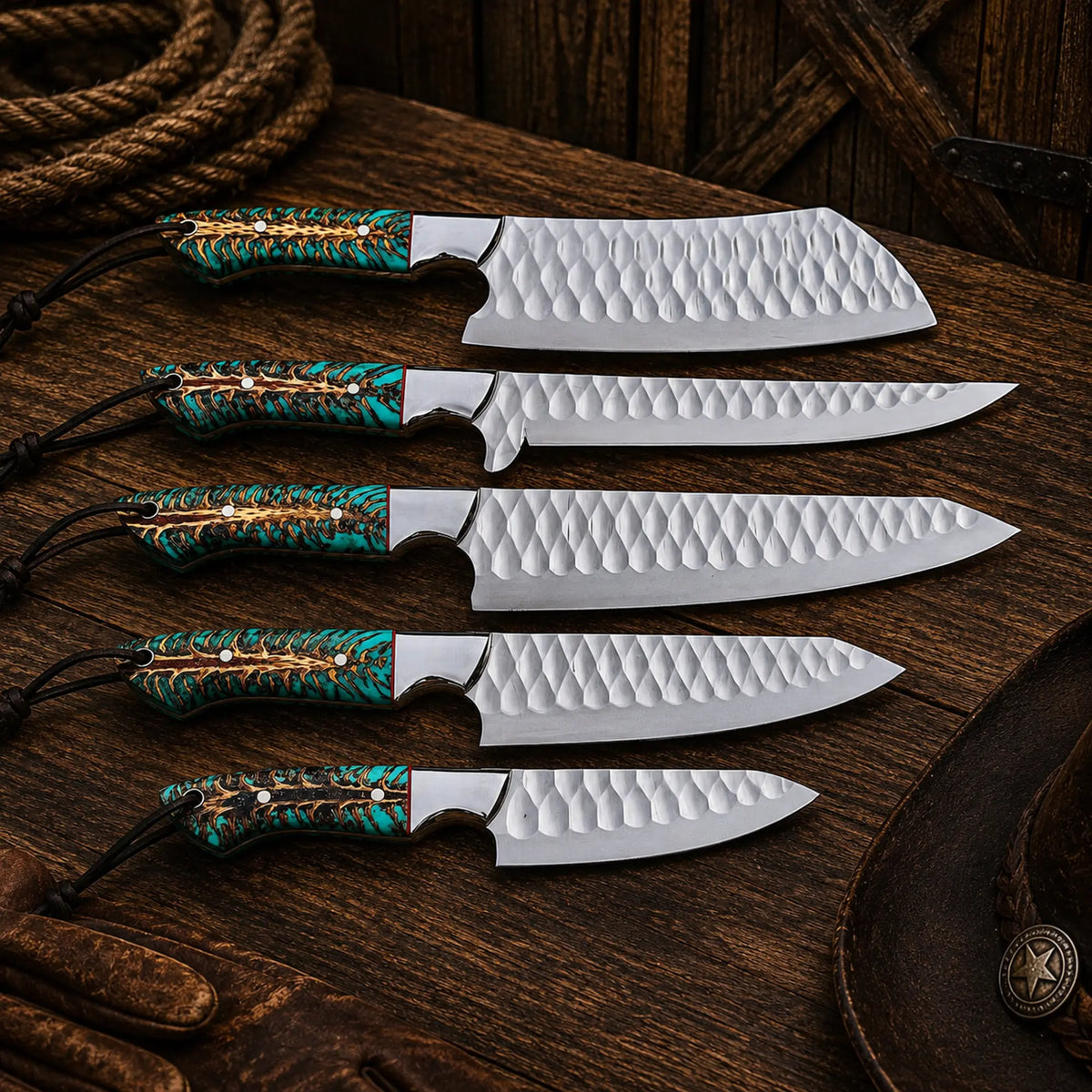Handmade D2 Steel Chef Knife Set – 5 Piece Kitchen Knife Set with Pine Cone Resin Handles