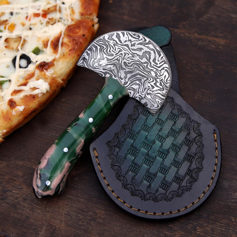 Handmade Damascus Steel Ulu Pizza Cutter, Green Resin Handle & Leather Sheath