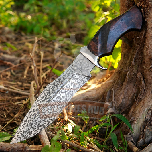 Handmade D2 Steel Bowie Knife with Rosewood Handle | Full Tang Hunting & Survival Knife with Leather Sheath