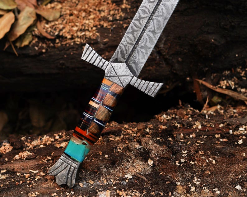 Hand Forged Damascus Steel Blade Viking Sword With  Leather Sheath Cover|| Drs Knives Hub