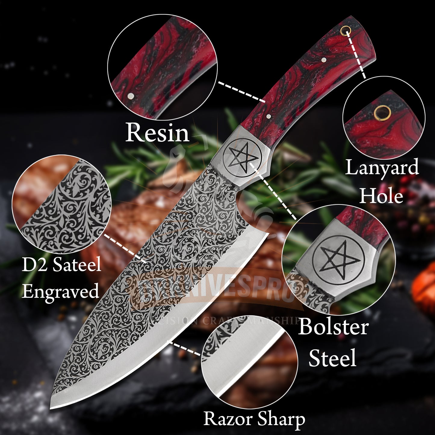 9 PCS Handmade Etching Chef Set with Leather Roll Kit Bag |DRSKNIVES HUB