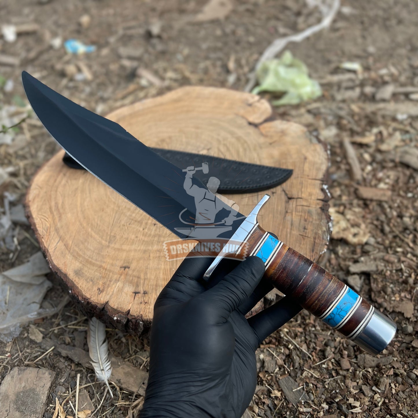 Handcrafted Bowie Knife with Leather and Stone Handle Black Powder-Coated Carbon Steel Blade Leather Sheath | DRSKNIVES HUB