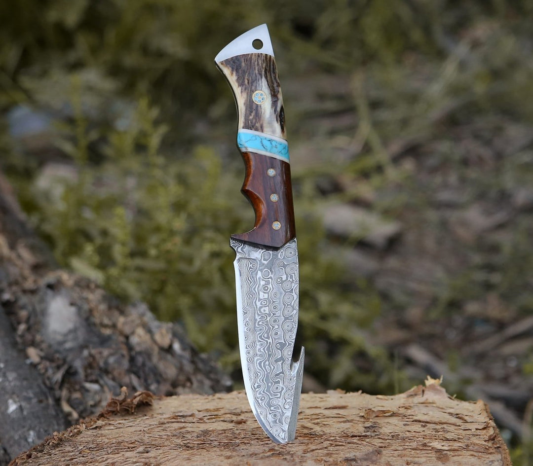 Damascus Gut Hook Knife With Leather Sheath Cover Stag Handle