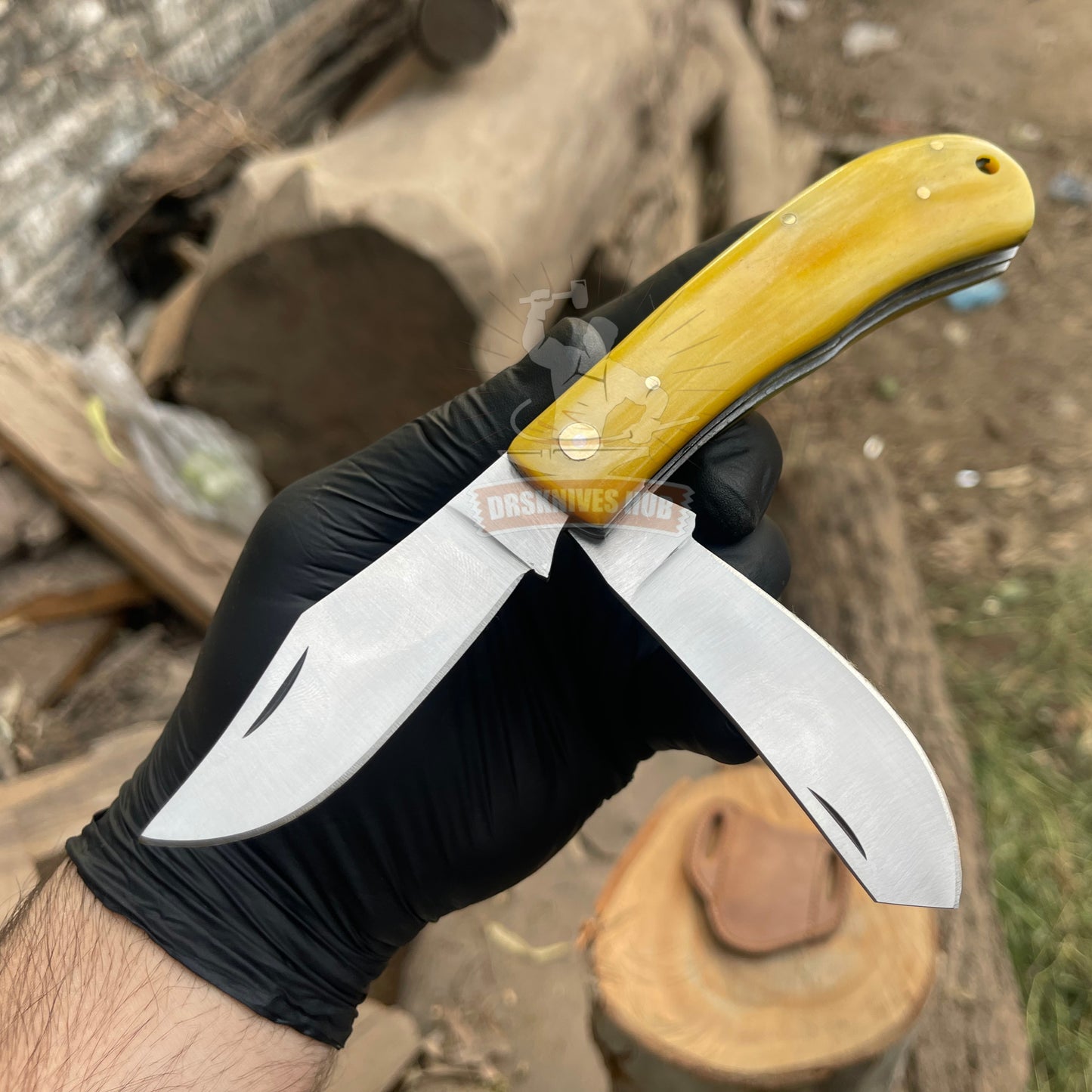 Hand Forged D2 Steel Dual Blade Folding Knife | Leather Sheath