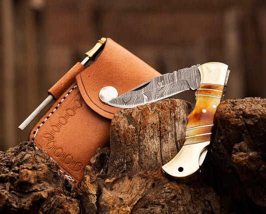 Edc Folding knife Damascus Pocket Knife Handmade Folding With Leather Sheath Cover