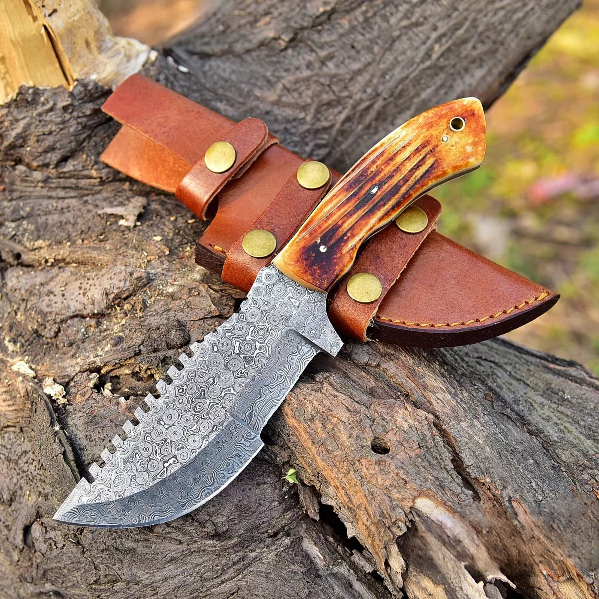 Rain Drop Pattern Fixed Blade Hunting knife Camel Bone Handle Tactical Tracker Knife With Leather Sheath