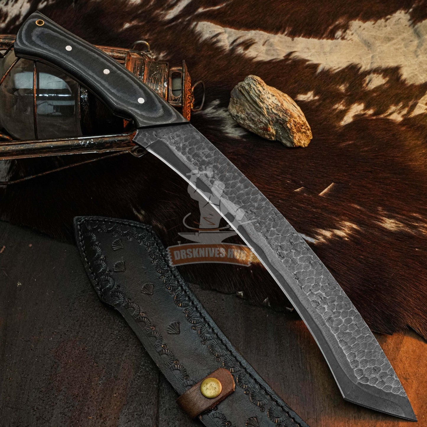16.8" Handmade  Full Tang Tanto knife Micarta Handle Leather Sheath