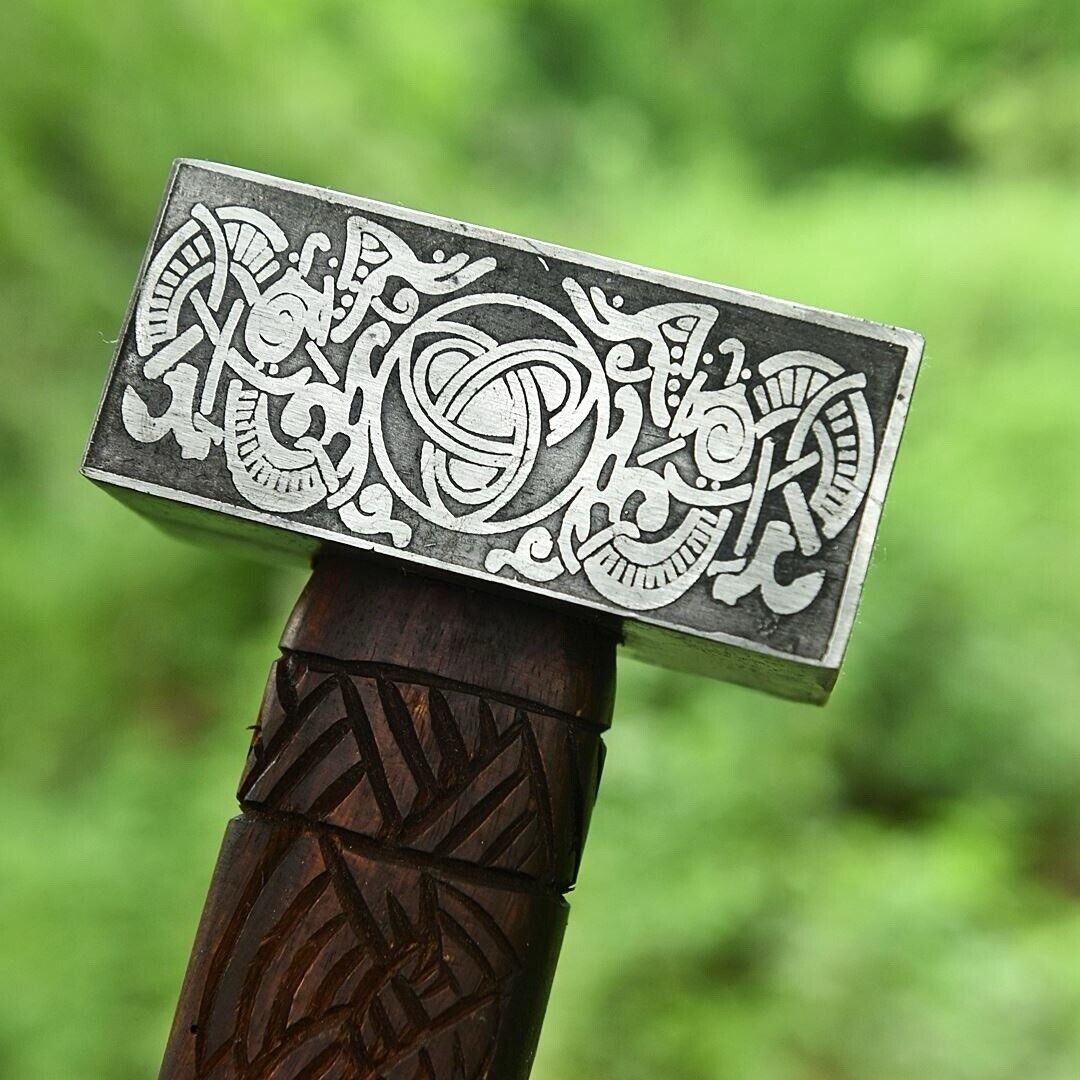 Viking Battle Hammer Engrave Wood Handle Medieval War Hammer