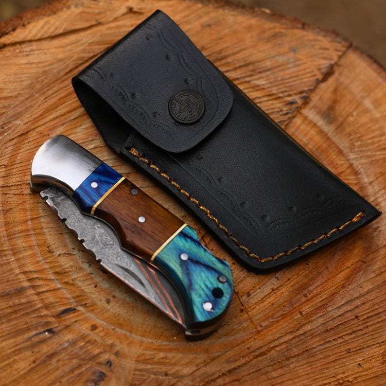 Damascus Steel Pocket Folding Knife Handmade Copper With Leather Sheath Cover
