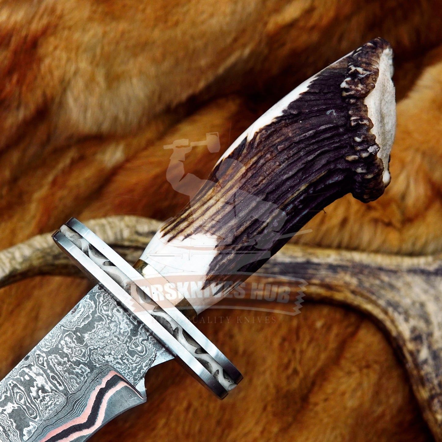 Handmade Copper Damascus Steel Bowie Knife 14" Stag Antler Hunting Knife with Leather Sheath | DRSKNIVES HUB