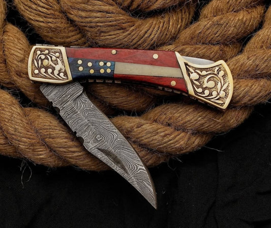 Damascus Folding Knife 7"