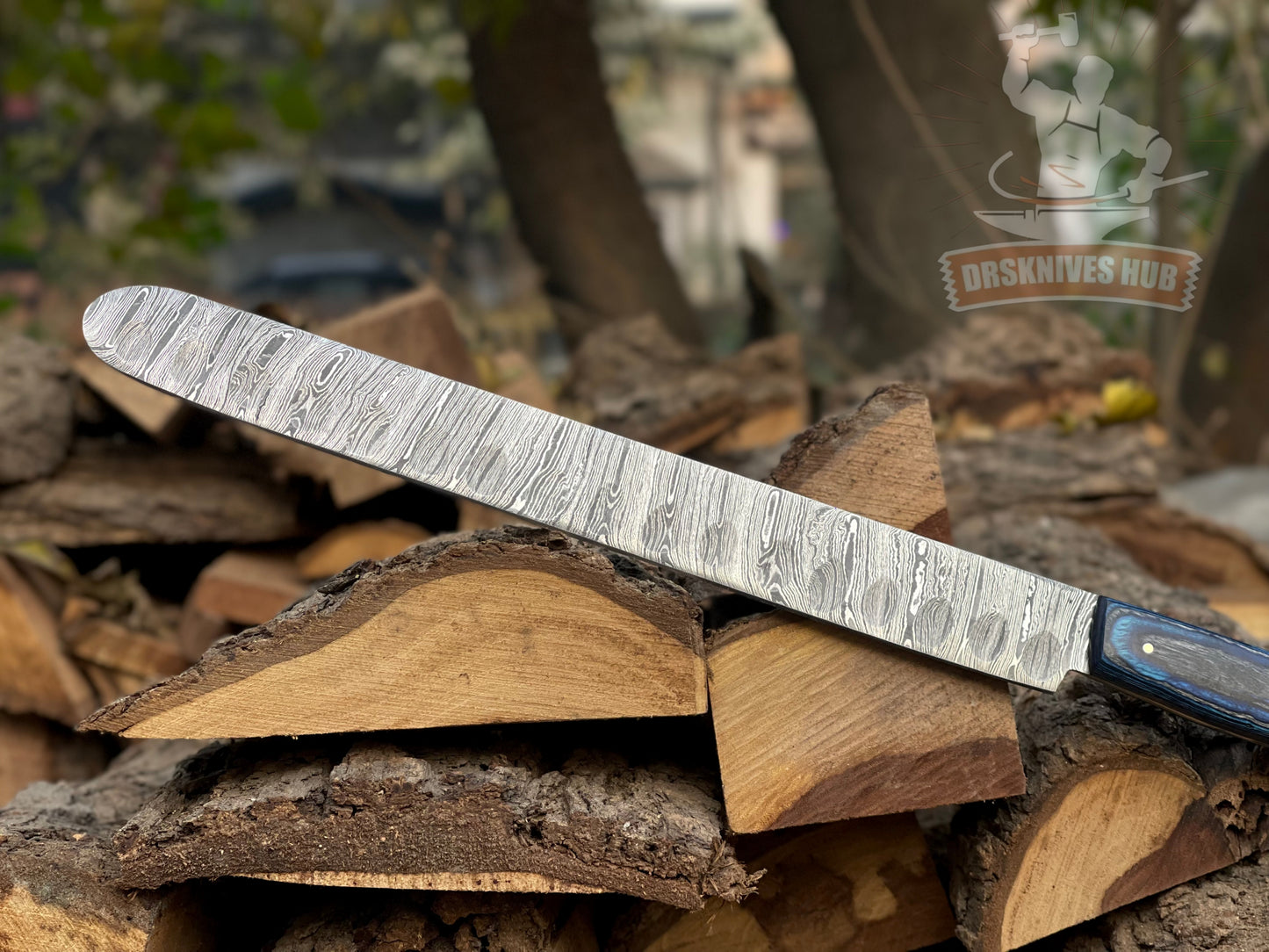 Handmade Damascus Steel Bread Knife with Leather Sheath | 17" Long Serrated Kitchen Knife | Wood Handle