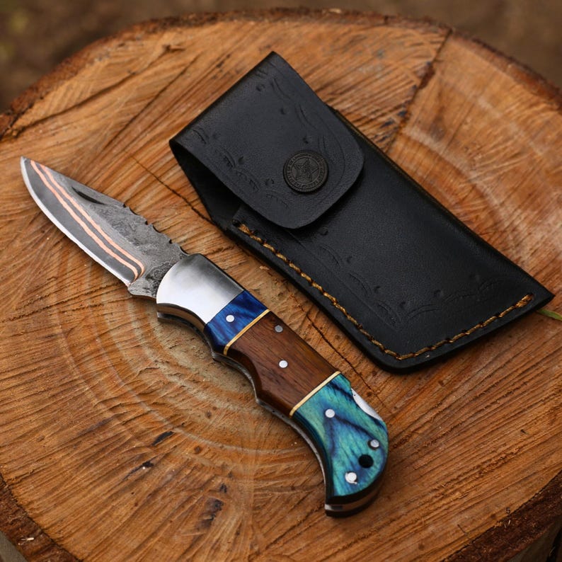 Damascus Steel Pocket Folding Knife Handmade Copper With Leather Sheath Cover