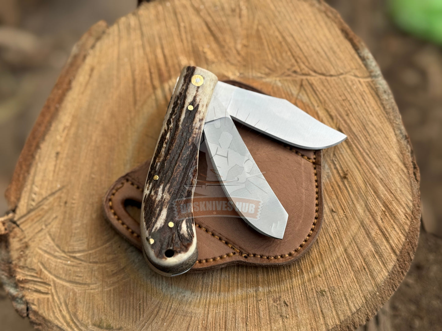Handmade D2 Steel Dual Blade Folding Trapper Knife | Leather Sheath
