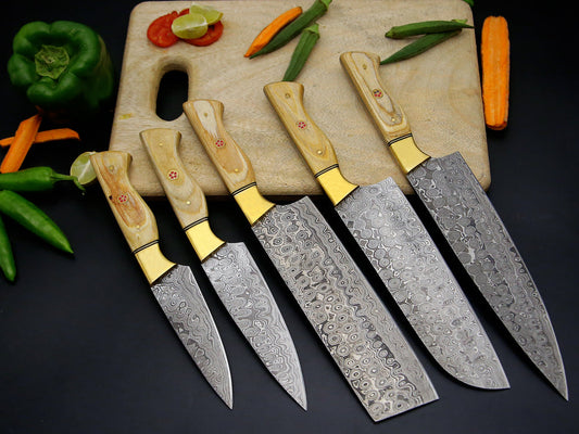 Handmade Damascus Steel Chef knife Wet of 5 PCS with Olive wood Handle