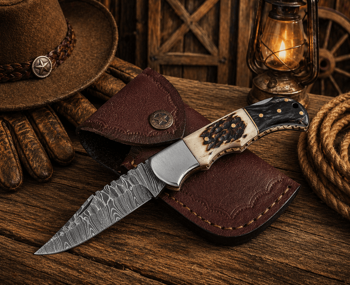 Damascus Folding Pocket Knife – Stag Horn & Pakka Wood Handle | DRSKNIVES HUB