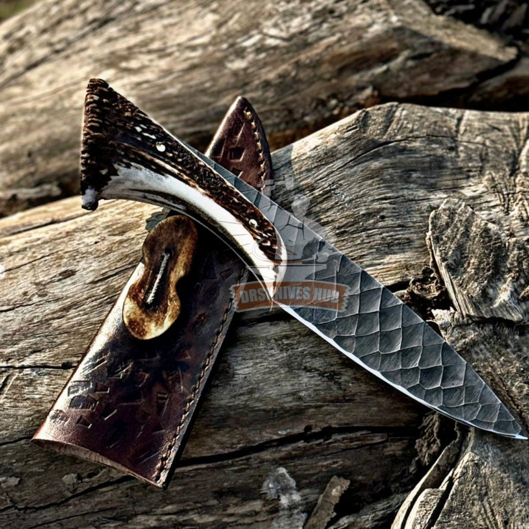 Hand Forged Hunting Knife – 12C27 Steel, Deer Antler Handle, Leather Sheath