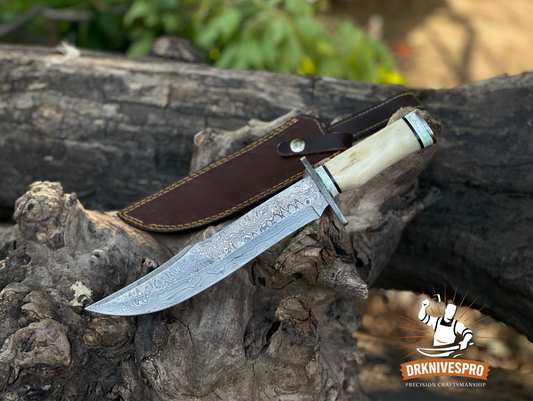Damascus Steel Bowie Knife with Bone Handle - Handcrafted Edc knife | DRSKNIVES HUB