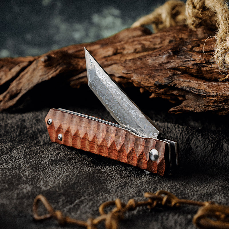 Handmade Tanto Folding Knife with Exotic Rose Wood Handle