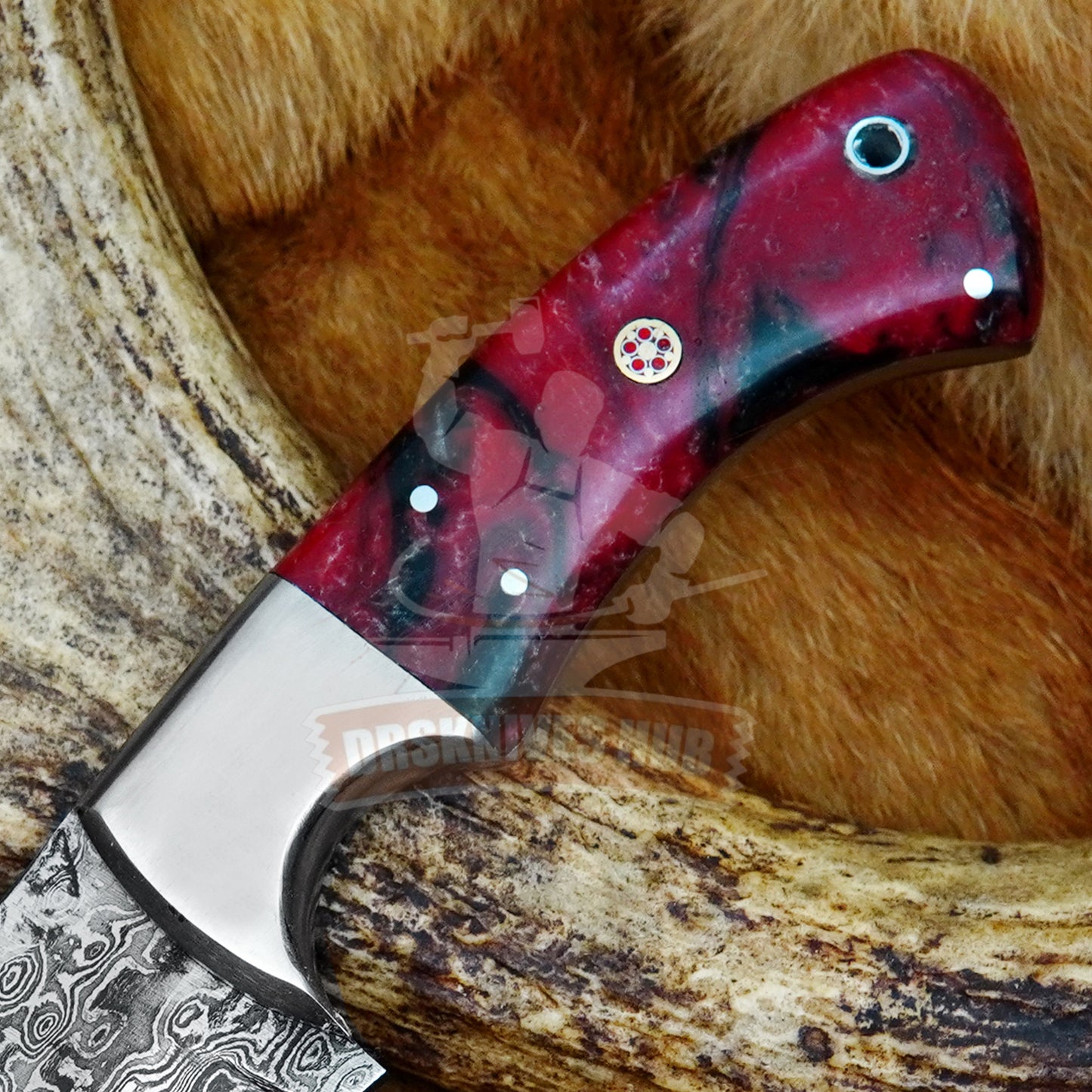 Damascus Steel Hunting Knife with Resin Handle & Leather Sheath