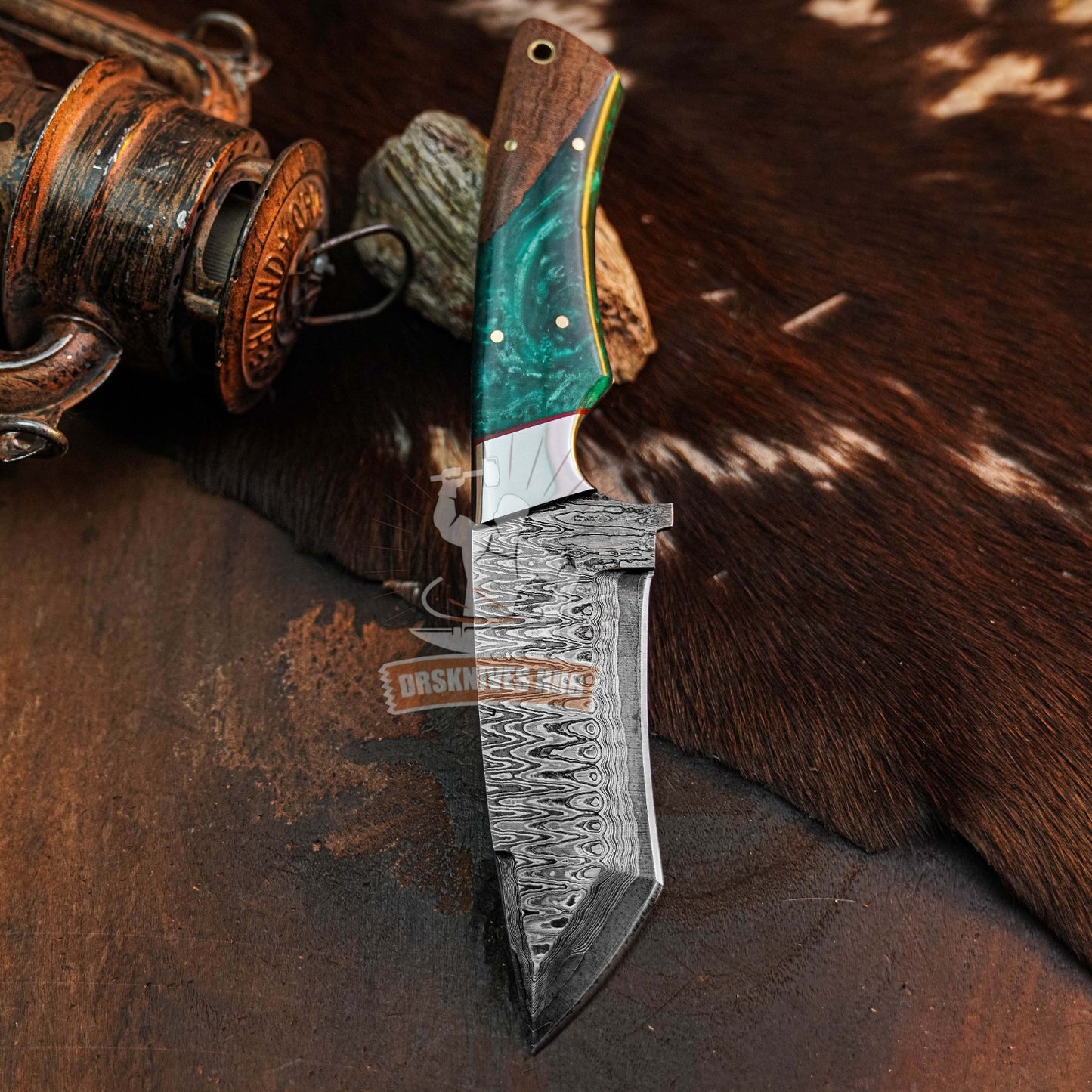Damascus Steel  Hunting Knife FullTang Resin Handle Fix Blade Tanto knife