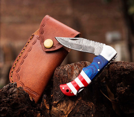 Edc knife Damascus Pocket Knife Texas Flag Handmade Folding Knife