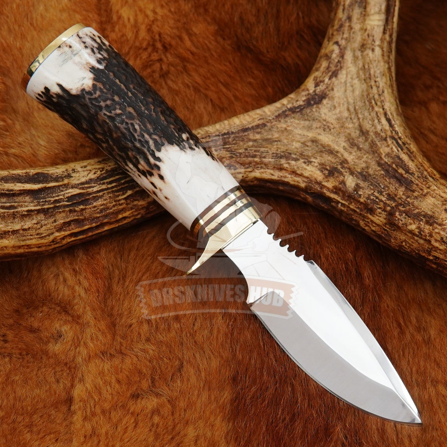 Custom handmade D2 steel hunting knife with stag handle and leather sheath cover by DRSKNIVES HUB.