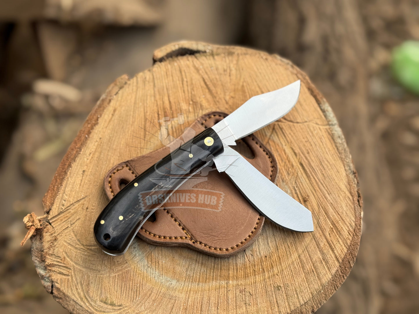 Dual Blade Trapper Knife with Buffalo Horn Handle | Handmade Folding Knife