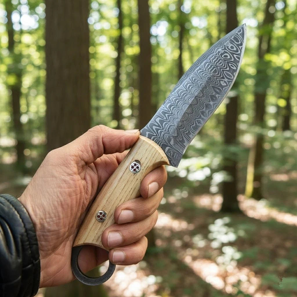 Damascus Steel Hunting Knife – With Leather Sheath | DRSKNIVES HUB