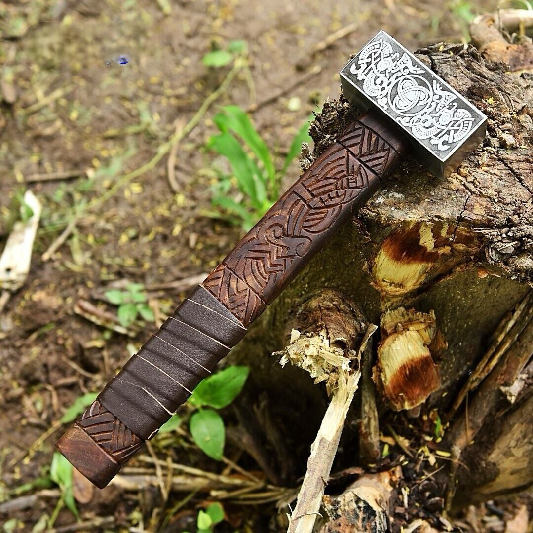 Viking Battle Hammer Engrave Wood Handle Medieval War Hammer