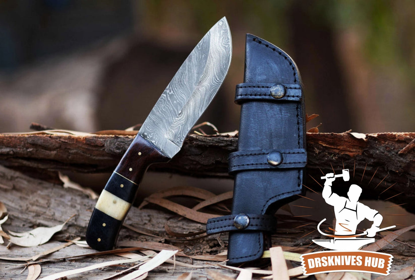 Handmade Damascus Steel Hunting Knife With Leather Sheath