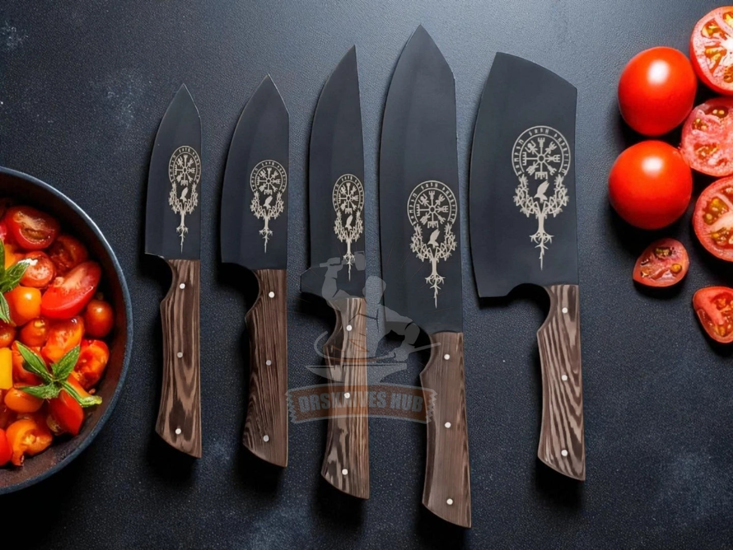 Carbon Steel Chef Knife Set 5 Piece – Black Powder Coat Wenge Wood Handle | DRSKNIVES HUB