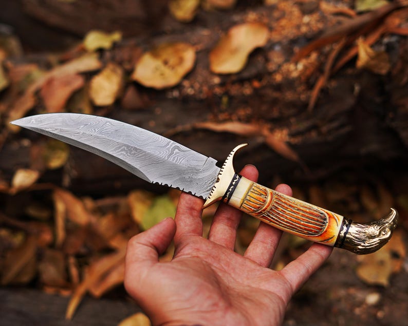 Handmade Damascus Steel Hunting Knife With Bone Handle Camping knife , Bushcraft Knife With Leather Sheath Cover
