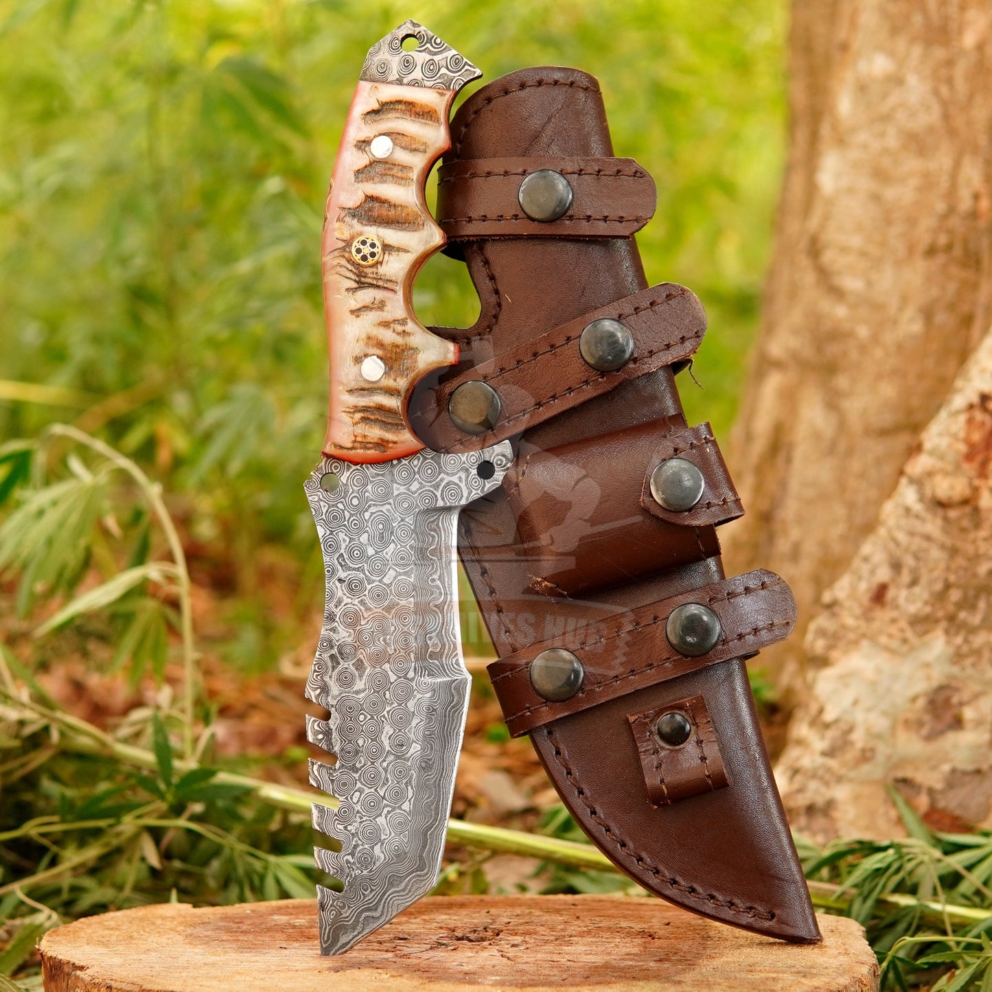 Handmade Damascus Steel Tracker Knife: Ram Horn Handle, Leather Sheath, Gift For him | DRSKNIVES HUB