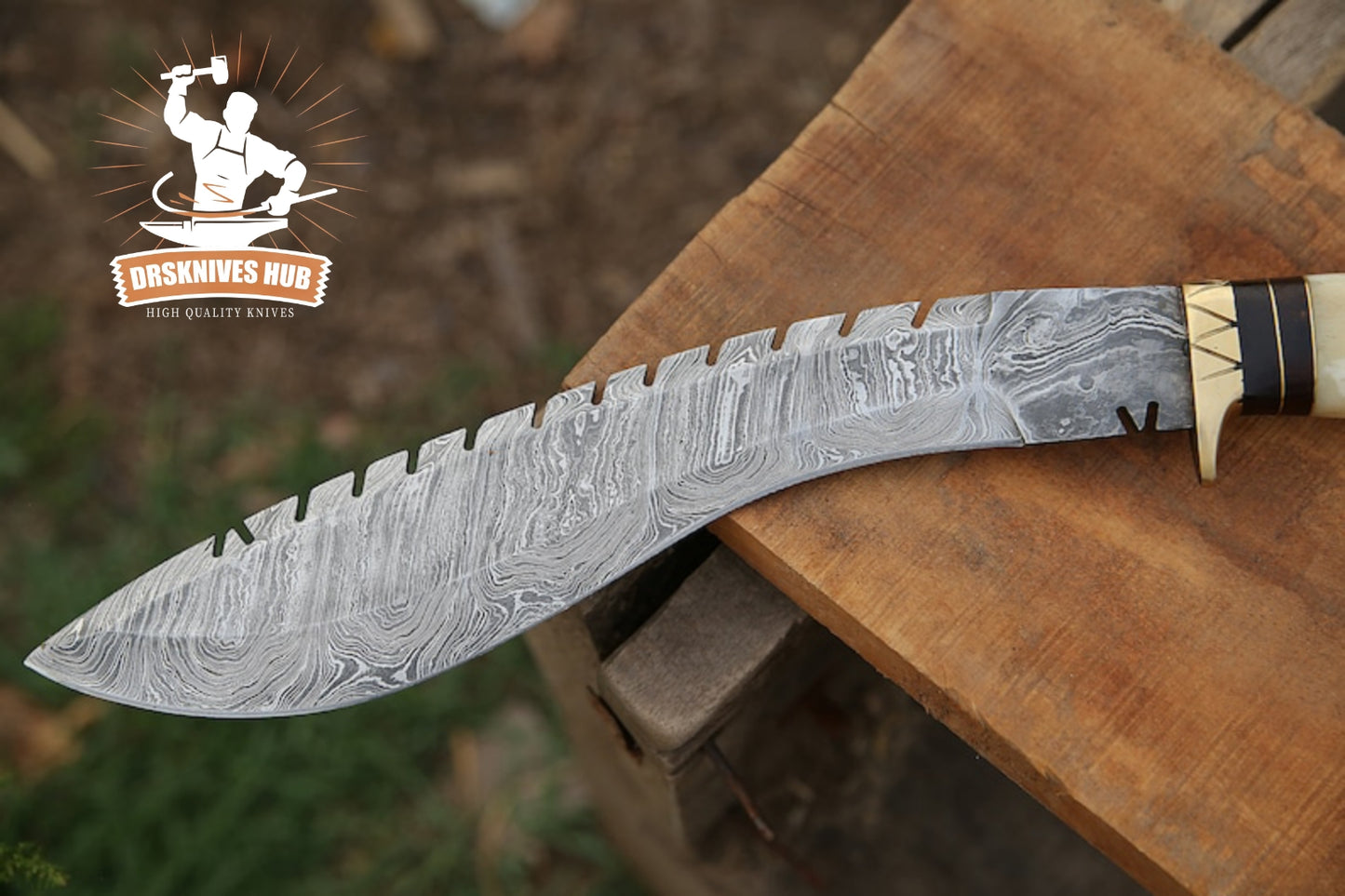 Antler & Bone Horn Handle Custom Made Damascus Steel Kukri knife With Leather Sheath Cover