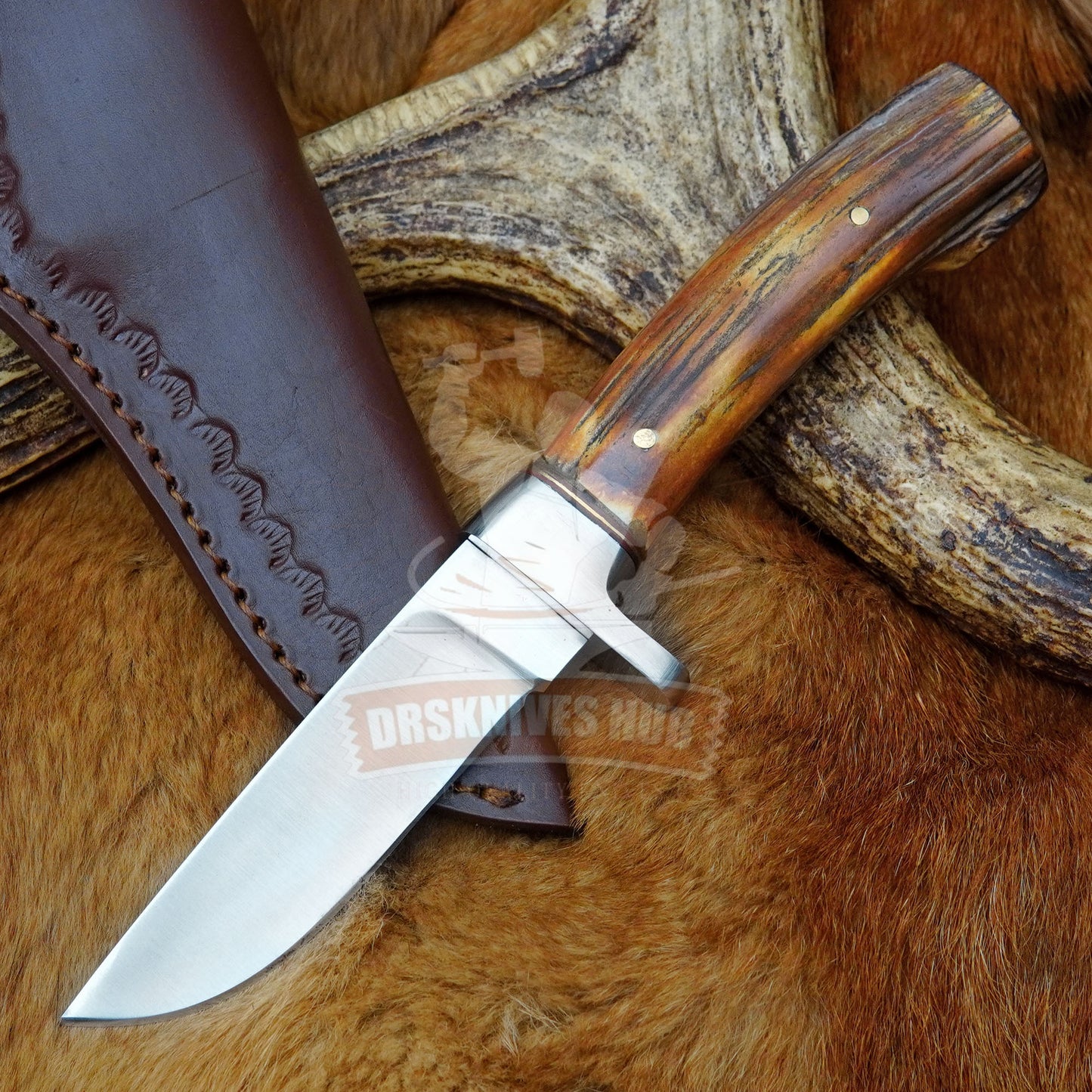 Handmade Stainless Steel Fixed Blade Knife with Stag Handle and Leather Sheath | DRSKNIVES HUB