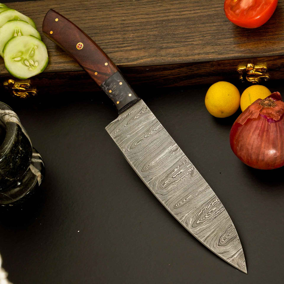 12″ Elegant Damascus Chef Knife with Polished Dark Wood Handle