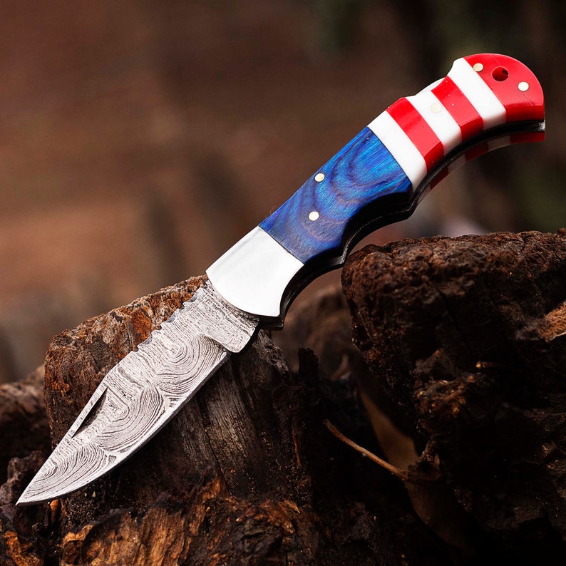 Edc knife Damascus Pocket Knife Texas Flag Handmade Folding Knife