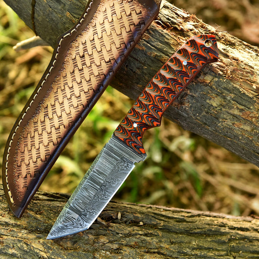 Damascus Tanto Knife – 8.5 Inch Fixed Blade with Pakkawood Handle