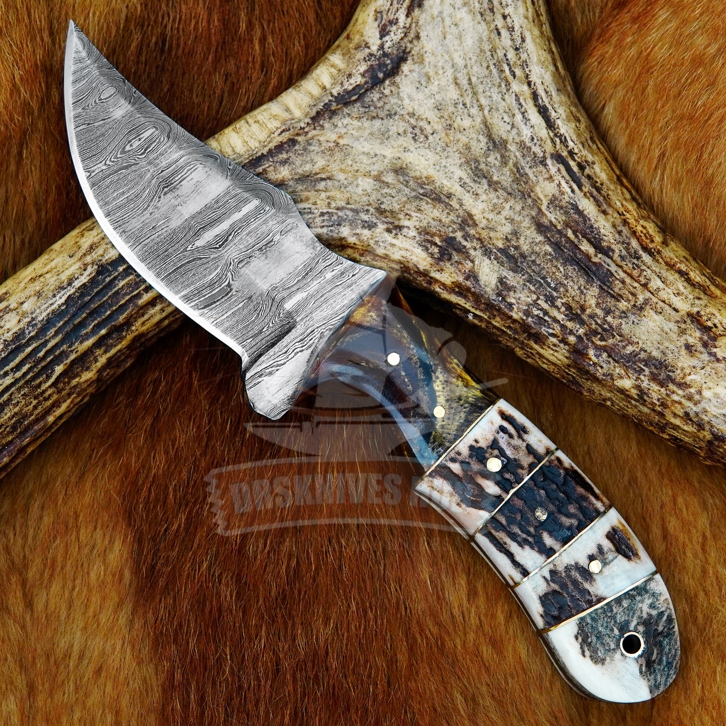 7” Fixed Blade Hunting Skinning knife with Stag Handle & Leather Sheath – Artisan Gift