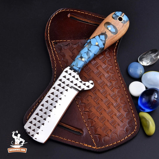 Handmade Rasp Steel Cowboy Knife – Turquoise Wooden Resin Handle | Leather Sheath
