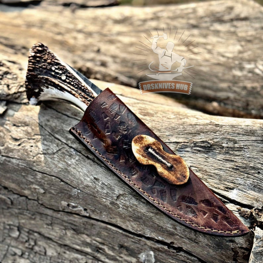 Hand Forged Hunting Knife – 12C27 Steel, Deer Antler Handle, Leather Sheath