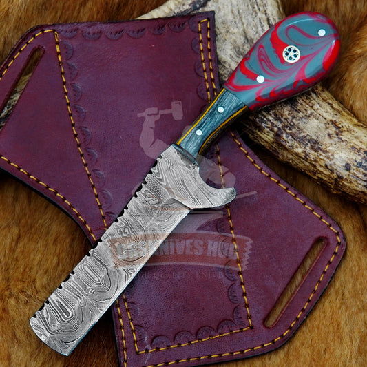 8" inches Hand Forged Damascus Steel Cowboy Bull Cutter Knife With Leather Sheath