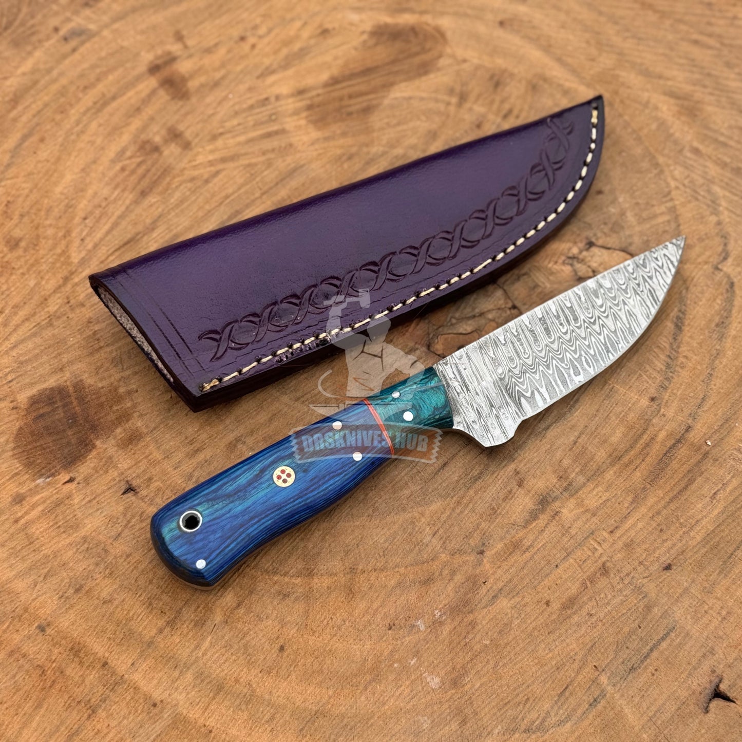 Damascus Skinning Knife 9" – Wood Handle with Leather Sheath | DRSKNIVES HUB