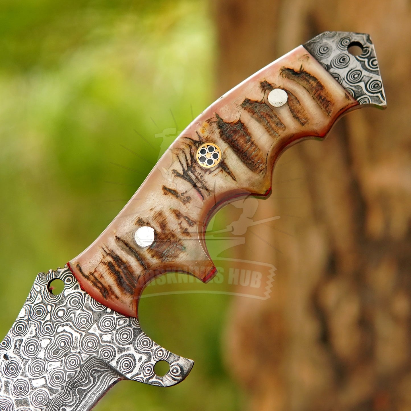 Handmade Damascus Steel Tracker Knife: Ram Horn Handle, Leather Sheath, Gift For him | DRSKNIVES HUB