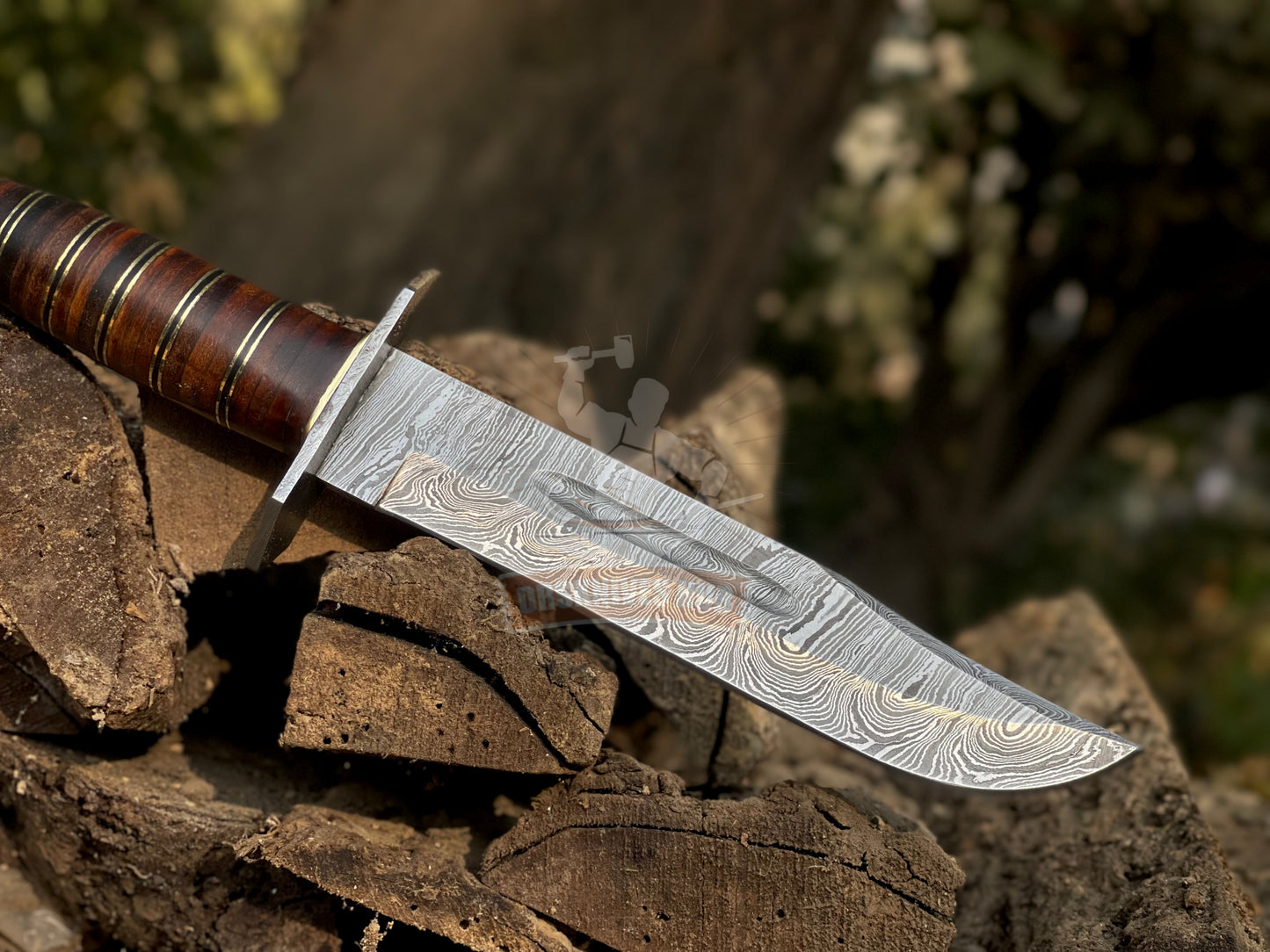 Handcrafted Damascus Steel Blade Bowie Knife Featuring a Leather Handle | DRSKNIVES HUB