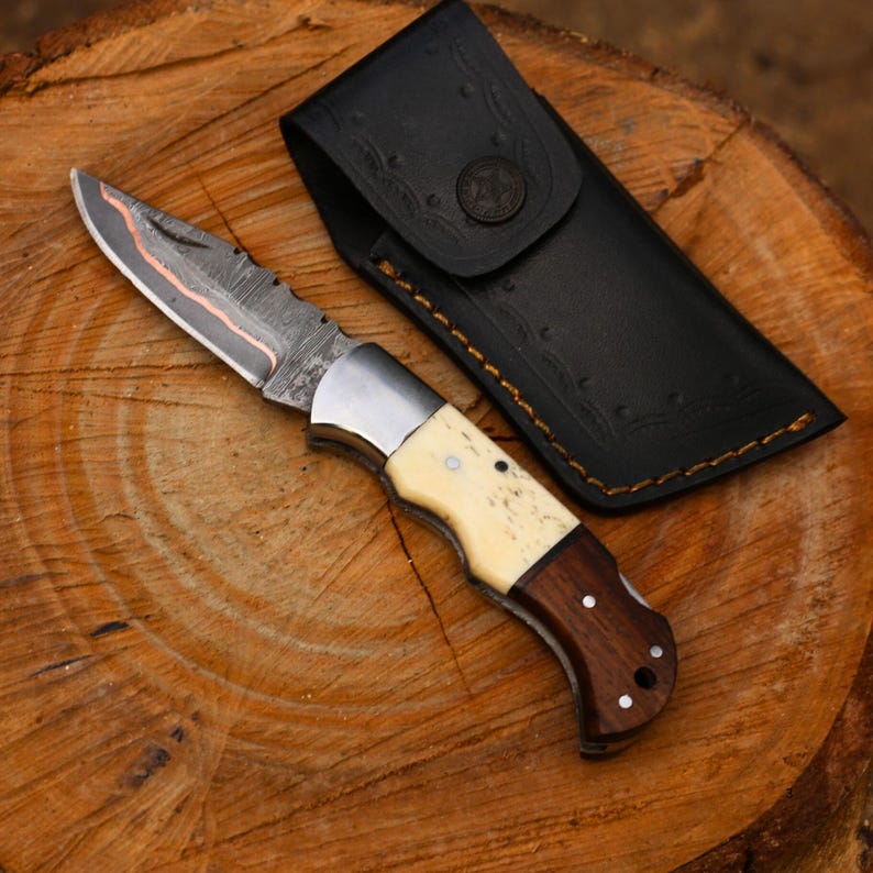 Custom Handmade Damascus Steel Copper Pocket Knife With Leather Sheath Cover