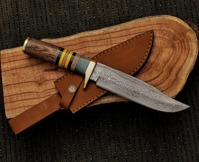 Hunting Knife With Leather Sheath Cover 12" inches Custom Handmade Damascus Steel Blade Bowie knife