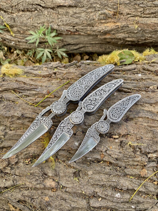 CUSTOM HANDMADE ENGRAVED POCKET KNIFE 3PCS EVERYDAY CARRY KNIFE