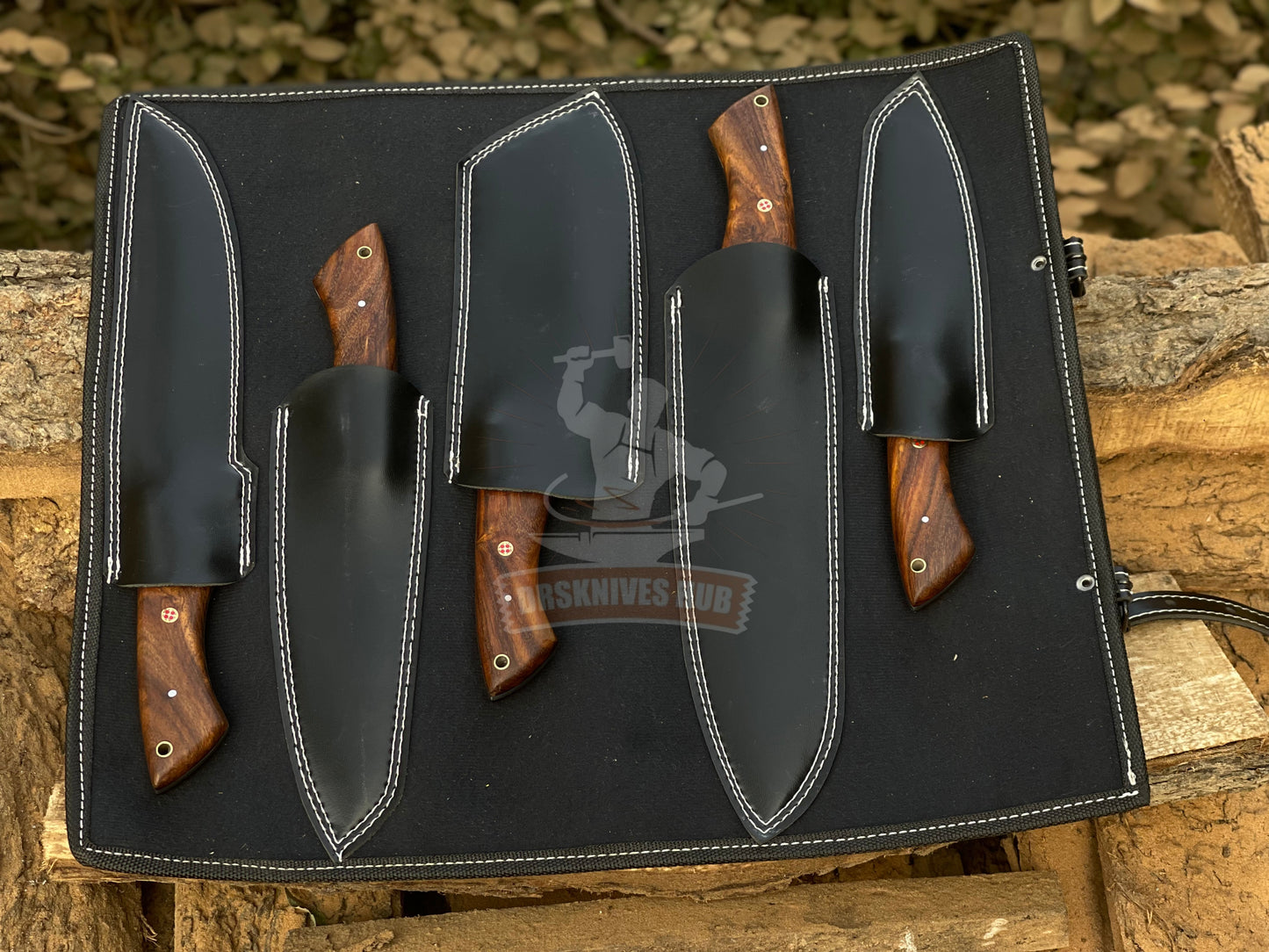 Handcrafted Five-Piece Kitchen Set With A Leather Roll Kit Bag | DRSKNIVES HUB